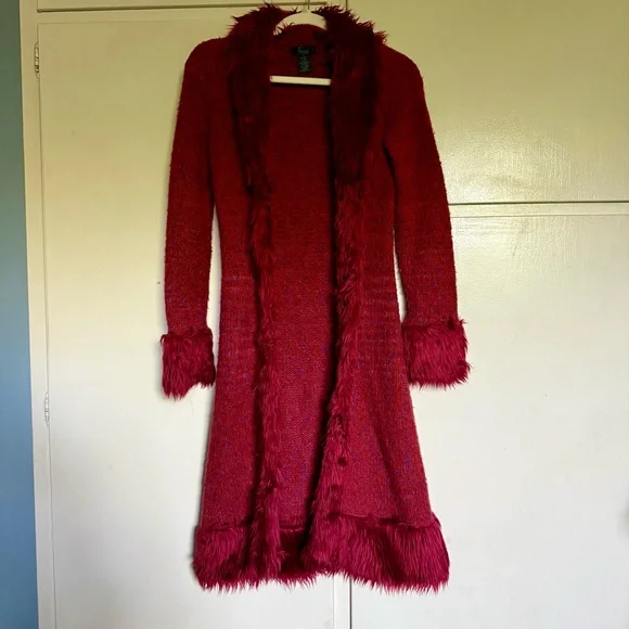 Frenchi Red Faux Fur Trim Cardigan - Picture 2 of 11